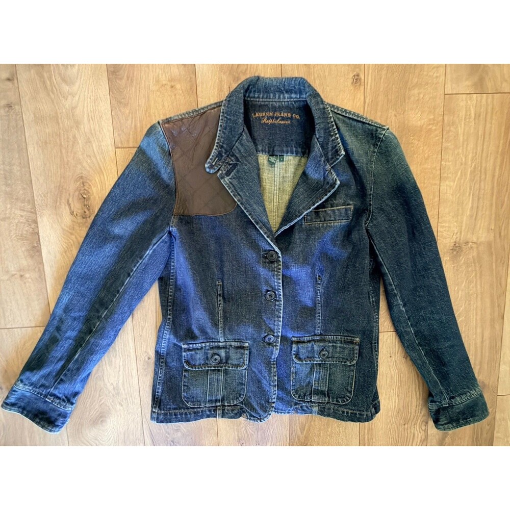 Ralph Lauren Jeans Co Premium Denim Leather Jacket Button Up Sz Large Equestrian